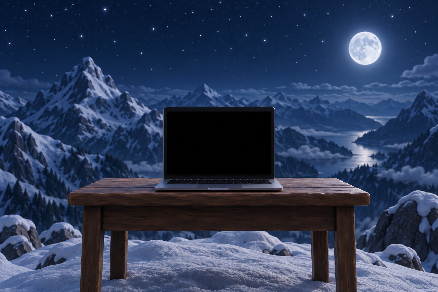 An open laptop on a desk at a snowy mountain summit at night