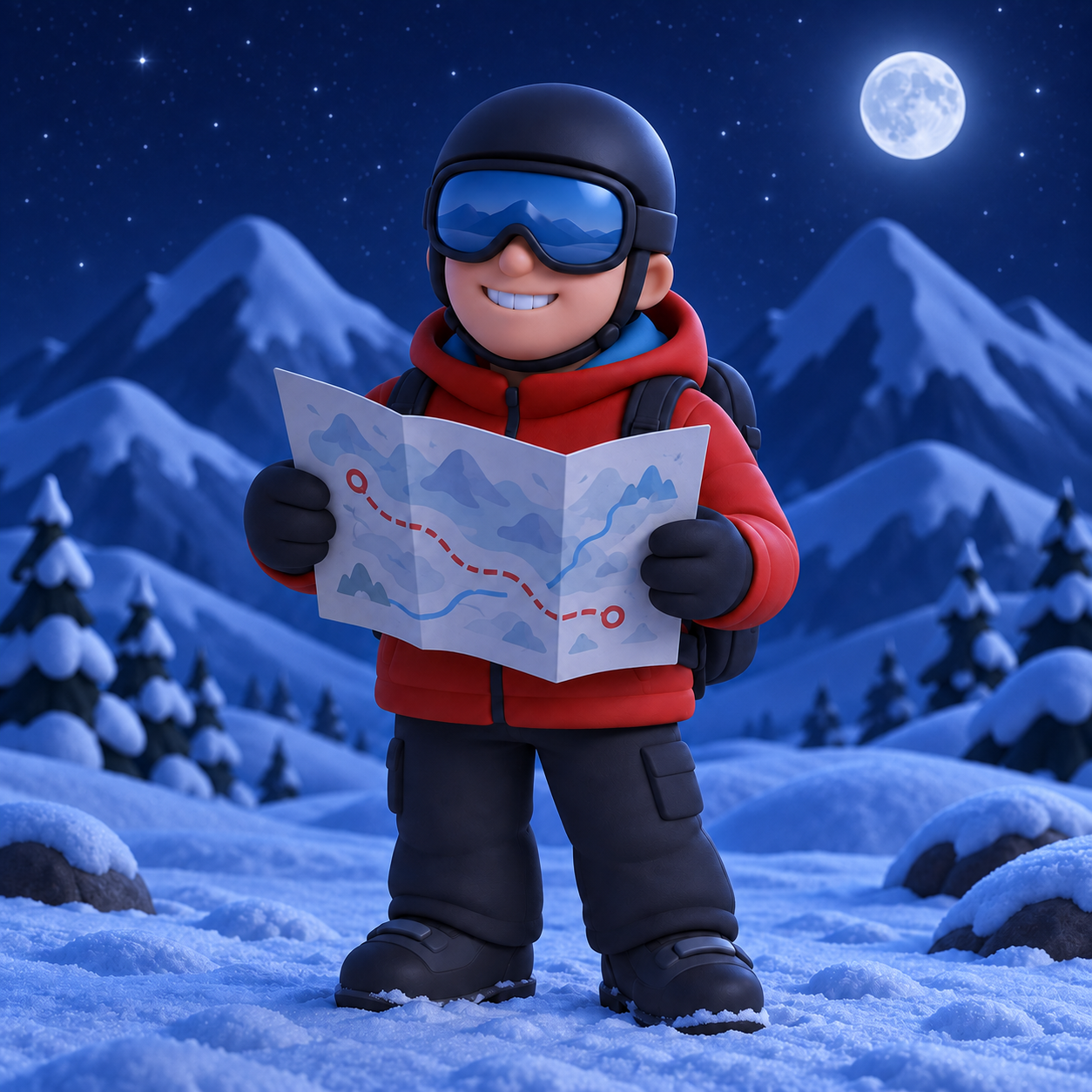 The Olivier ski mascot studying a route map in the mountains