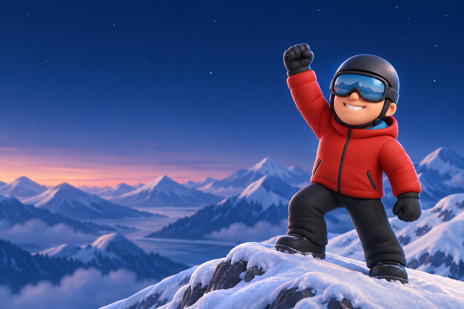 Olivier’s ski mascot celebrating on a snowy summit